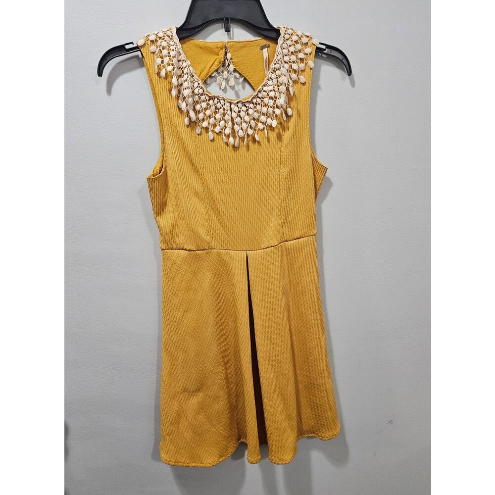๐ Free People Mustard Yellow Orange Crochet Collar Keyhole Back Mini Dress XS - Picture 3 of 13